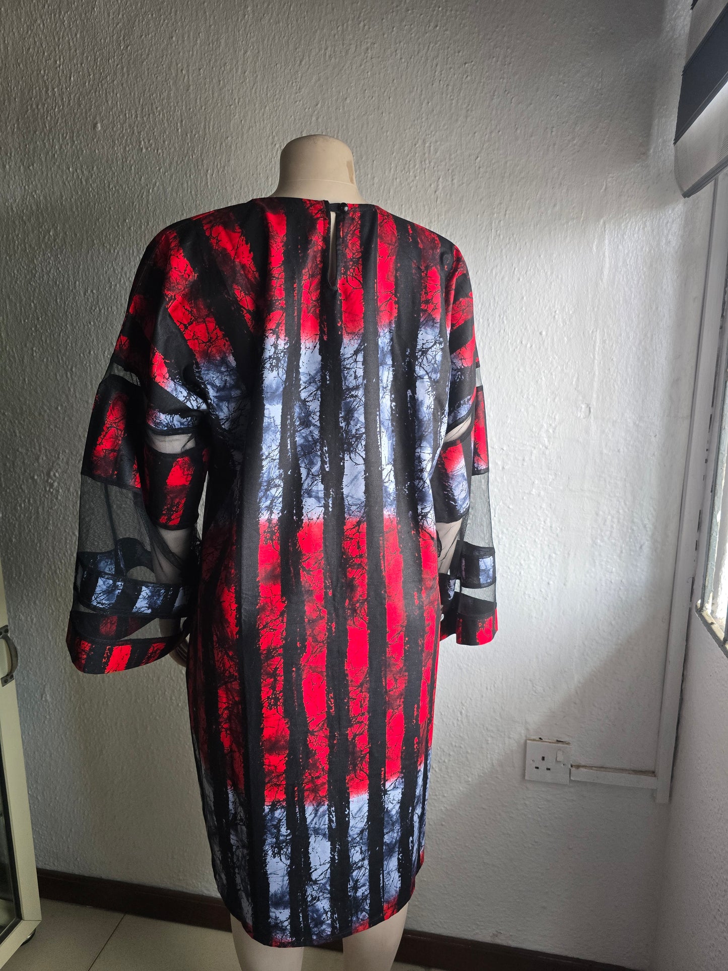 Red & Grey Adire Print with Net Sleeve