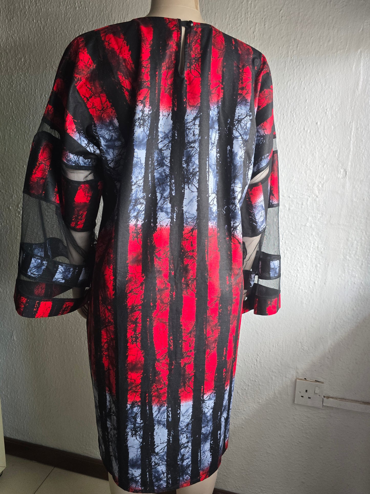 Red & Grey Adire Print with Net Sleeve