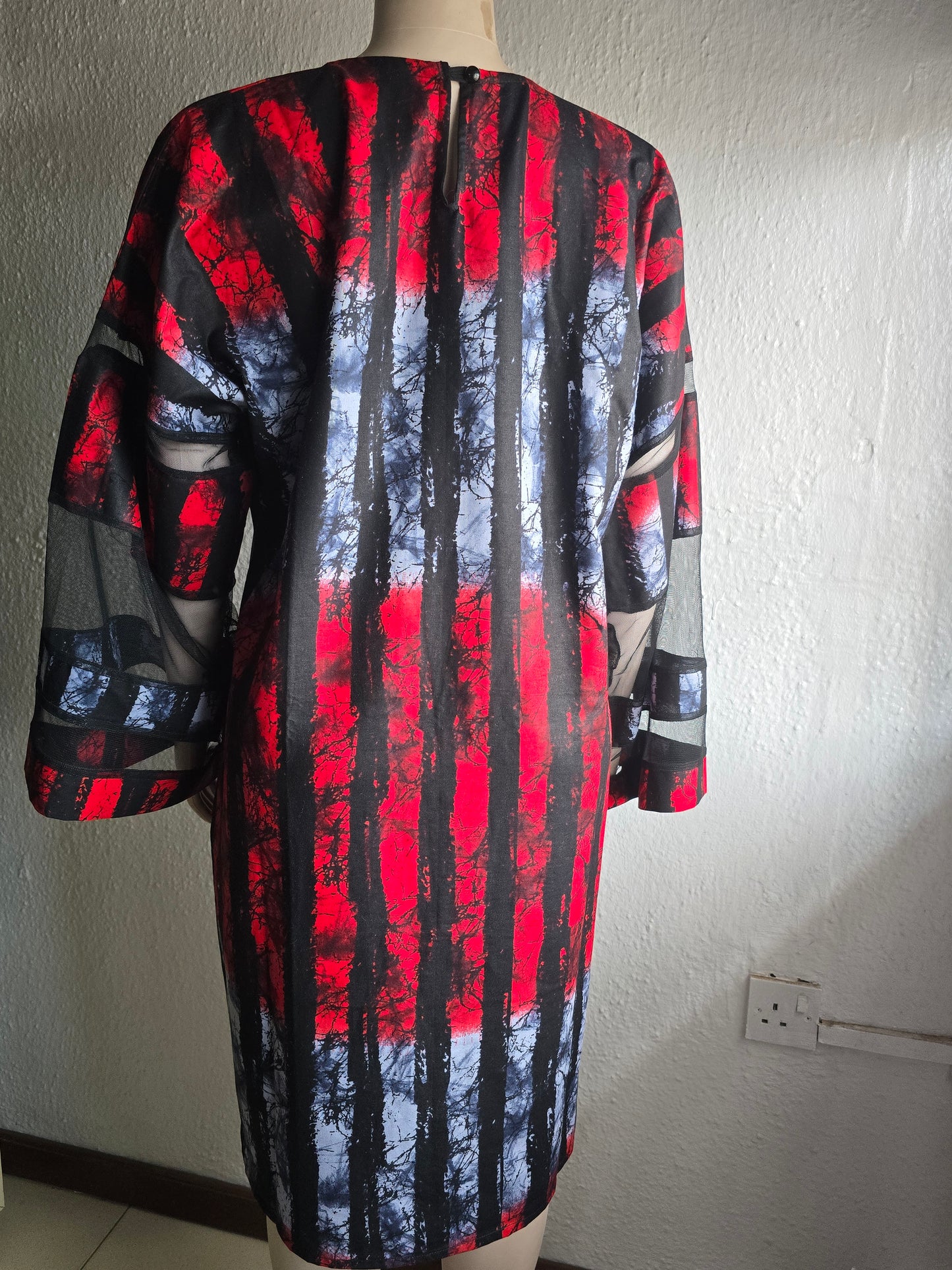 Red & Grey Adire Print with Net Sleeve