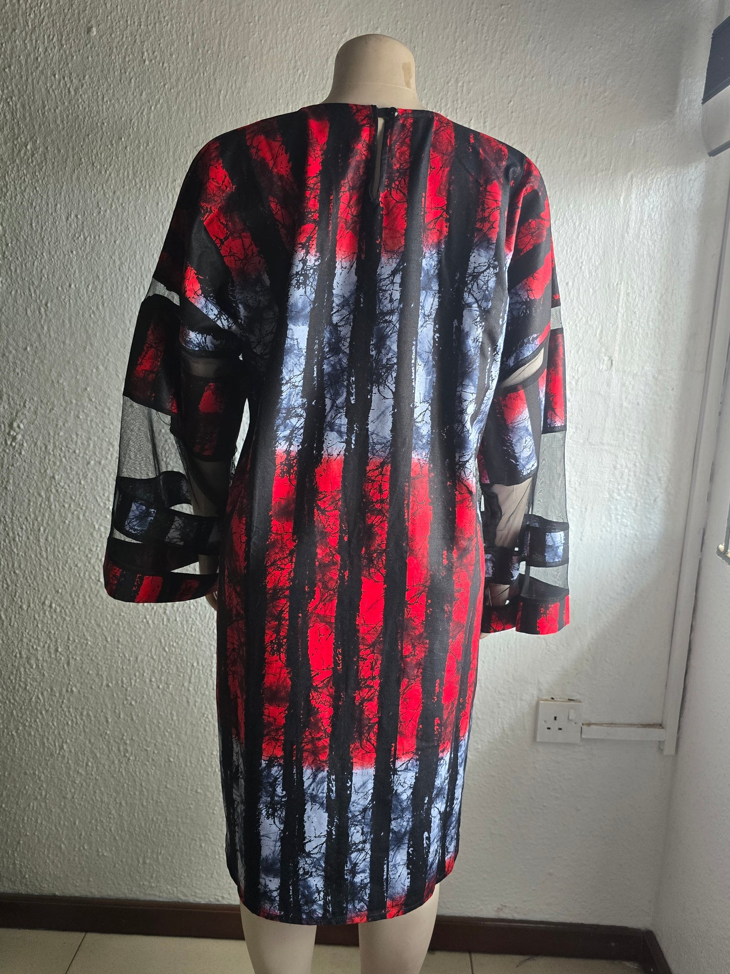 Red & Grey Adire Print with Net Sleeve