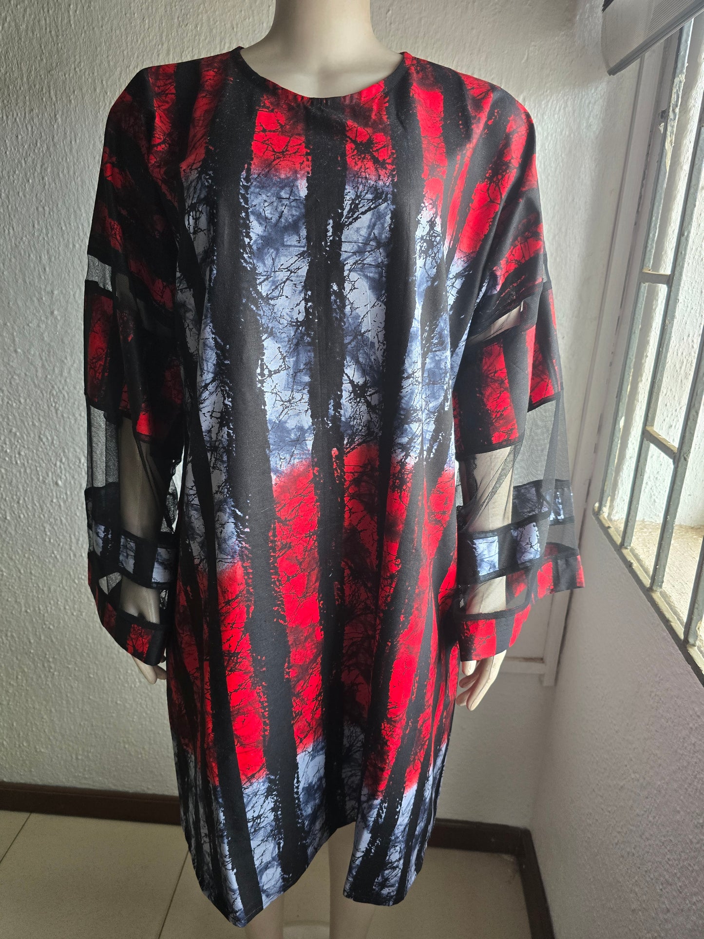 Red & Grey Adire Print with Net Sleeve