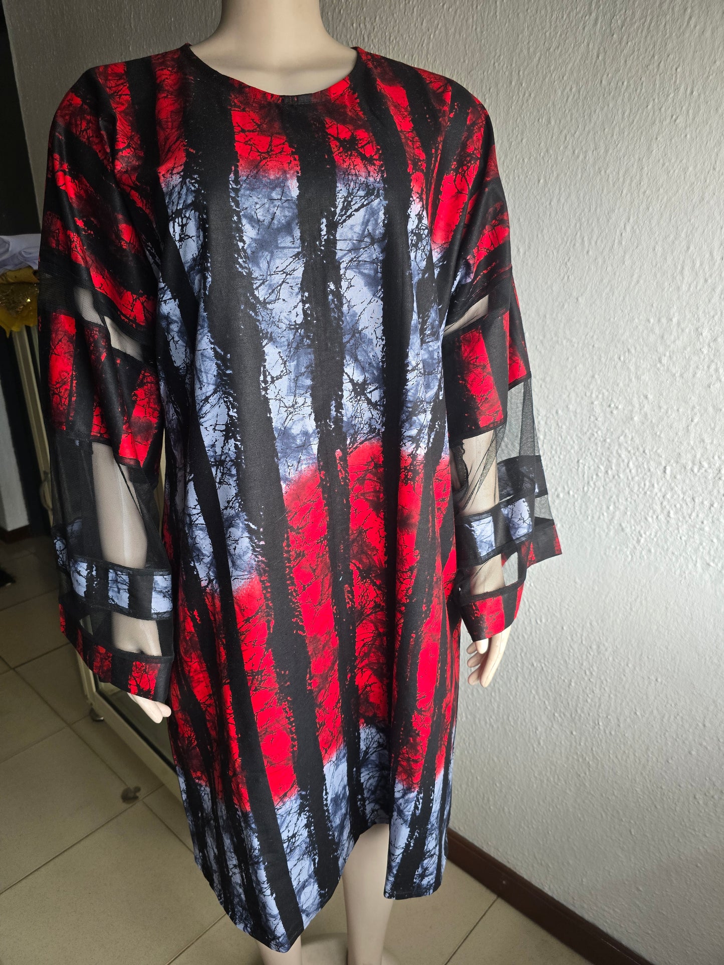 Red & Grey Adire Print with Net Sleeve
