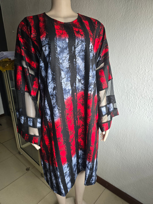 Red & Grey Adire Print with Net Sleeve