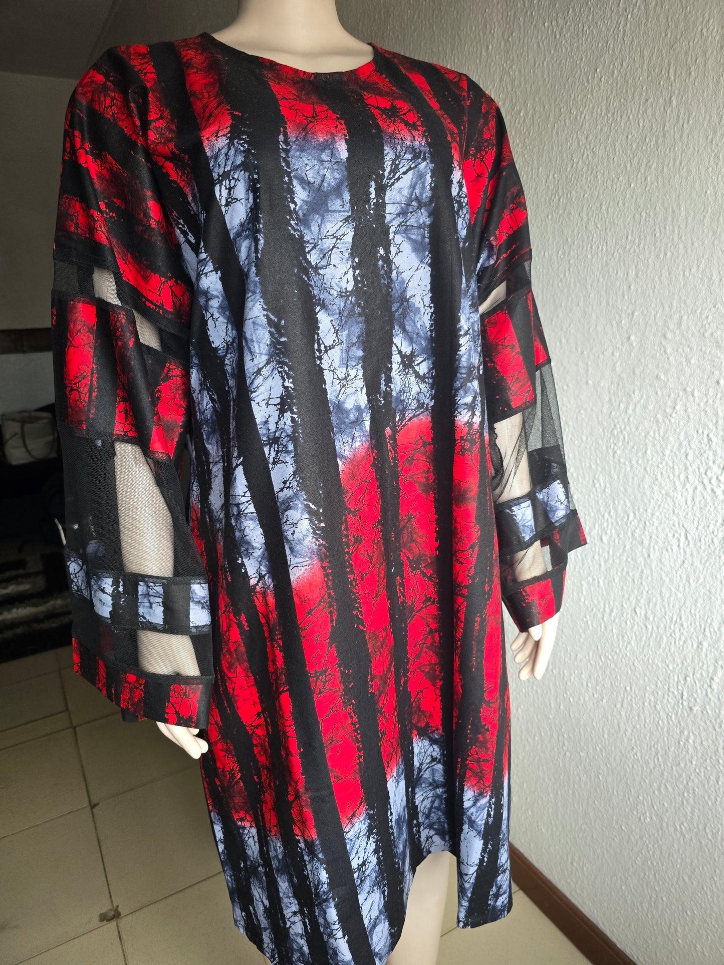 Red & Grey Adire Print with Net Sleeve