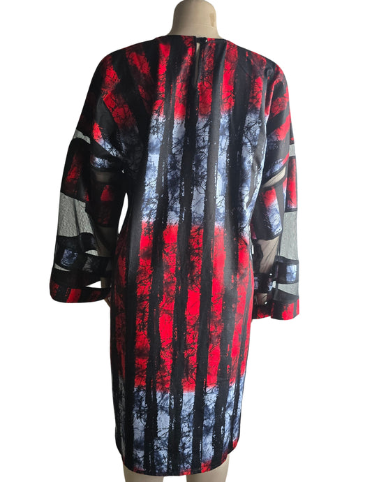 Red & Grey Adire Print with Net Sleeve