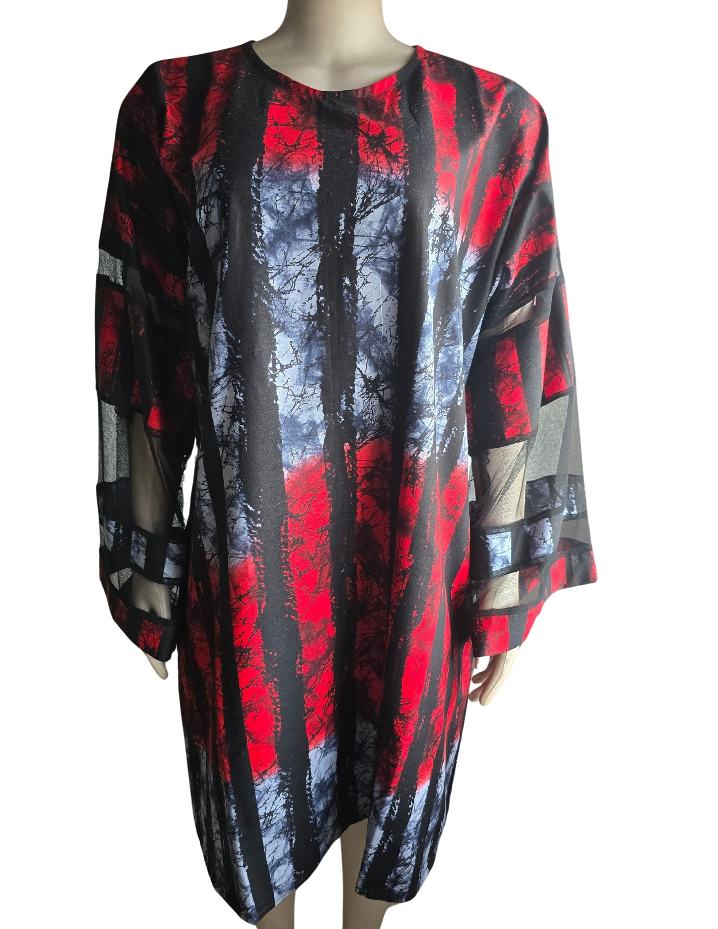 Red & Grey Adire Print with Net Sleeve