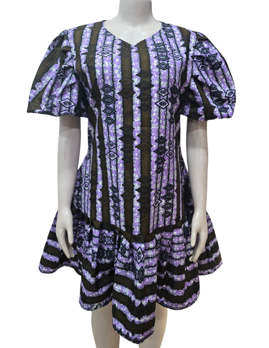 Flounced Hem Purple Ankara Cotton Dress