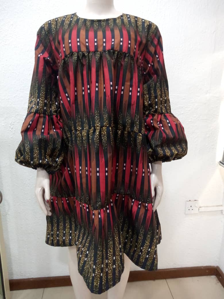Red & Flax Puff Sleeve Dress